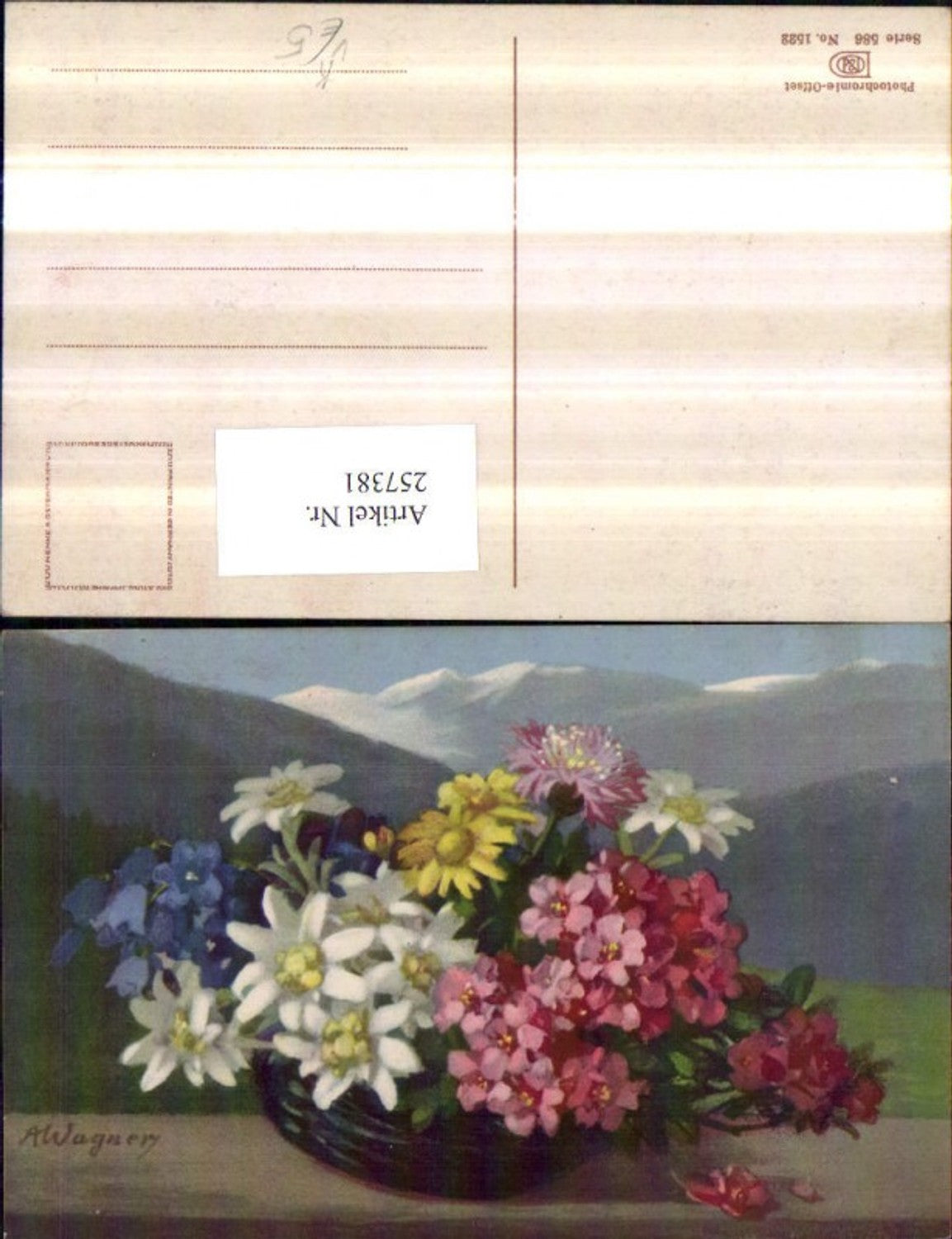 257381,Künstler AK A. Wagner Korb Enzian Edelweiß pub Photochromie Nenke u. Ostermaier 586/1522