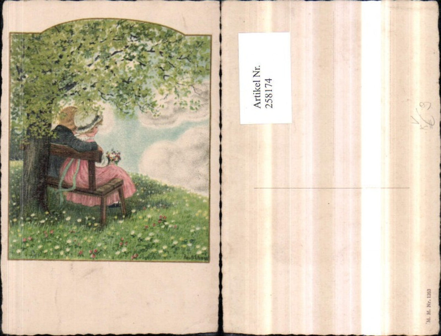 258174,Künstler AK Pauli Ebner Liebespaar Liebe Kleid Blumen Holzbank Baum pub M. Munk 1263