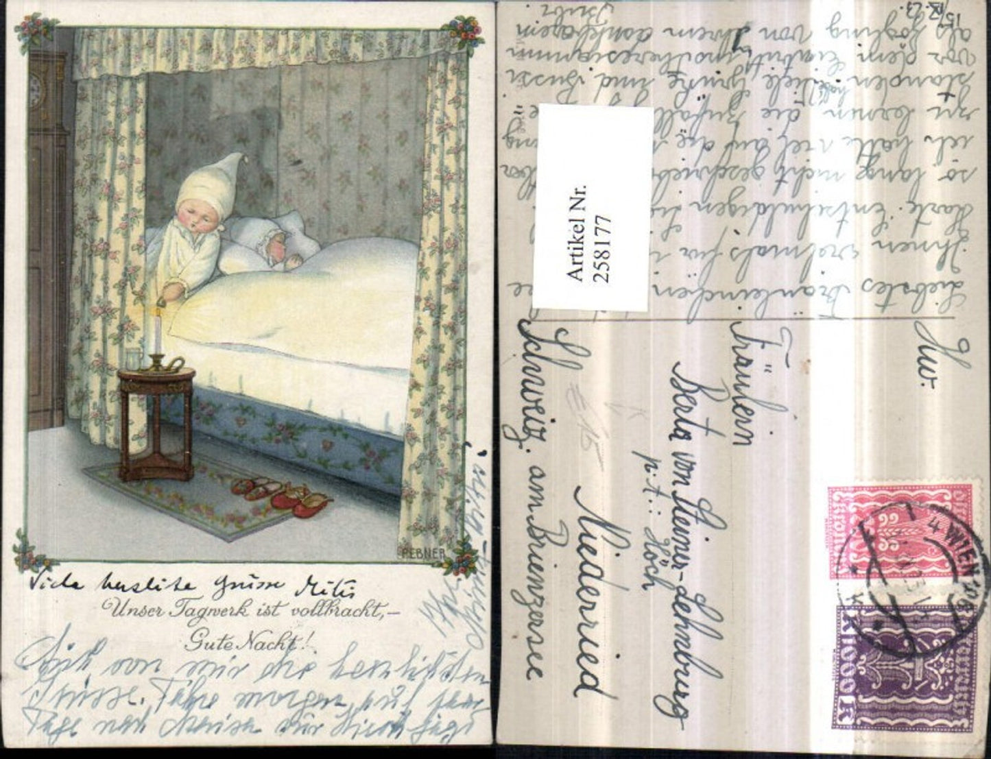 258177, Artist AK Pauli Ebner Good Night Children's Pajamas Bed Hats Candle pub M. Munk 1168