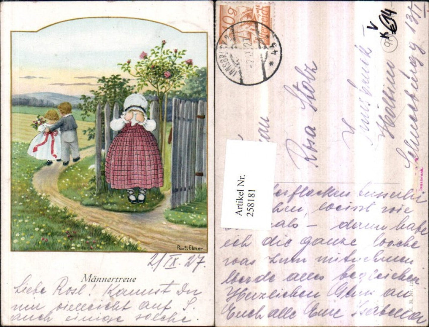 258181,Künstler AK Pauli Ebner Männertreue Mädchen Kleid weint Paar Blumen pub M. Munk 1263