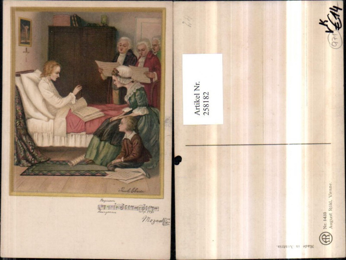 258182, Artist AK Pauli Ebner Mozart Requiem Sick Man Bed People Singing Woman Dress pub August Rökl 1433