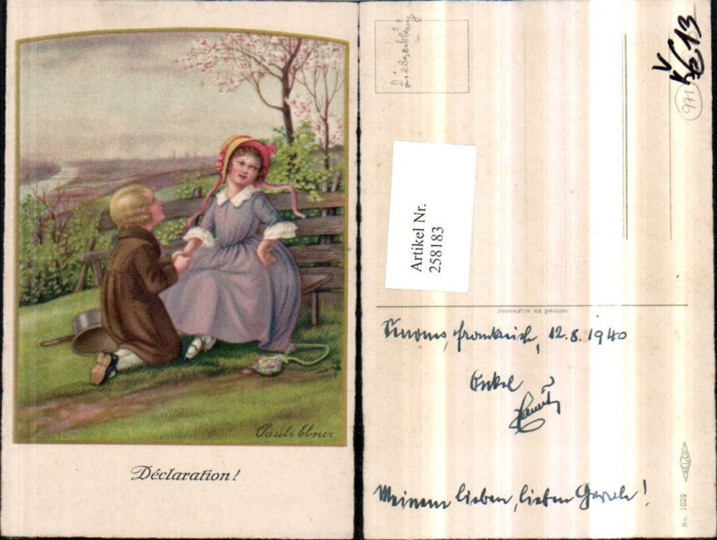 258183, Artist AK Pauli Ebner Declaration Children Lovers Bonnet Dress Top Hat Wooden Bench pub Selco 1029
