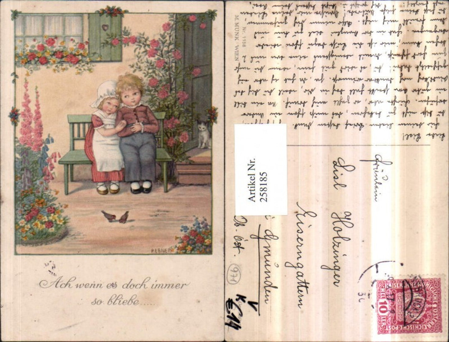 258185,Künstler AK Pauli Ebner Liebespaar Liebe Kinder Sitzbank Blumen Katze Vögel pub M. Munk 1158