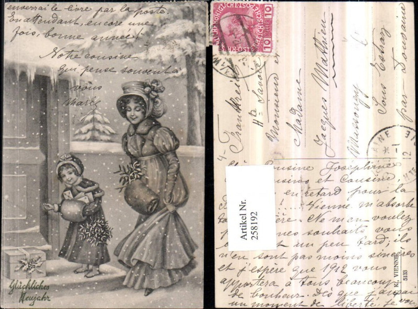 258192,V.K. Vienne 5133 Künstlerkarte Frau Mutter m. Kind Haube Muff Mistelzweige Tür
