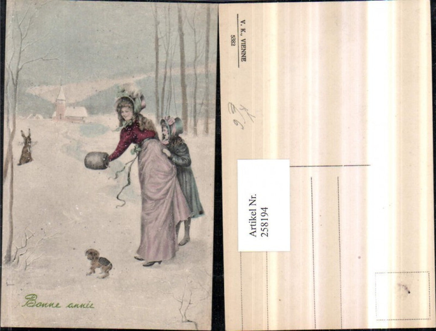 258194,V.K. Vienne 5382 Künstlerkarte Frau Mutter m. Kind Hauben Muff Hund Hase Kirche Winterbild