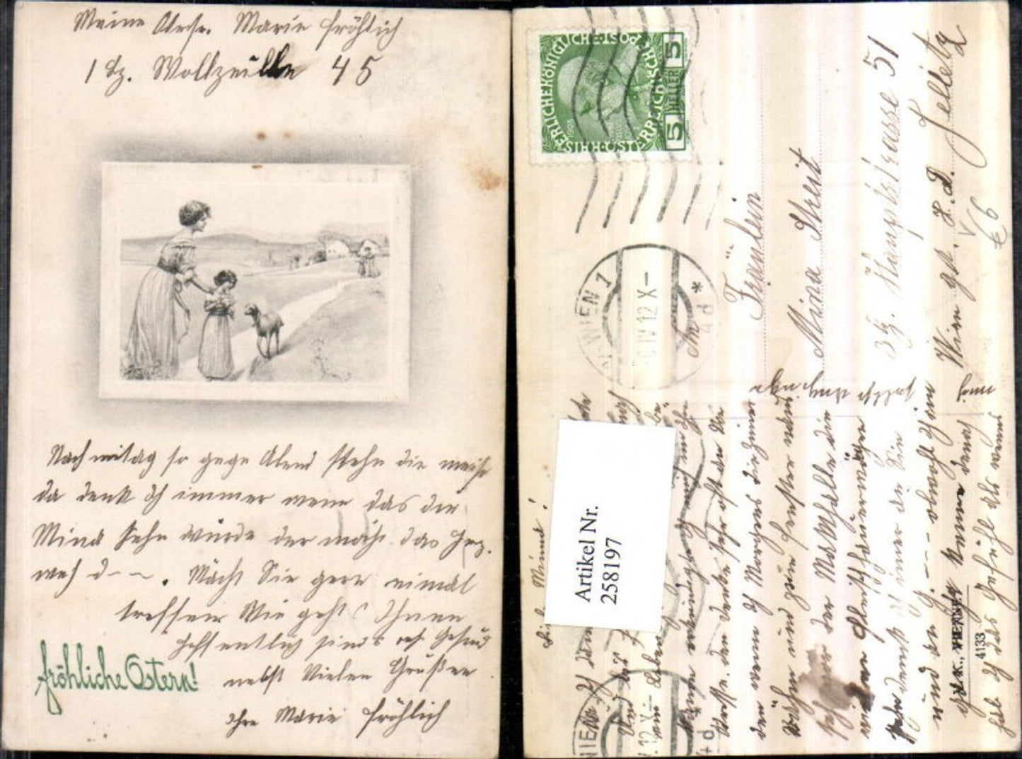 258197,V.K. Vienne 4133 Prägekarte Frau Mutter m. Kind Schaf Lamm Passepartout