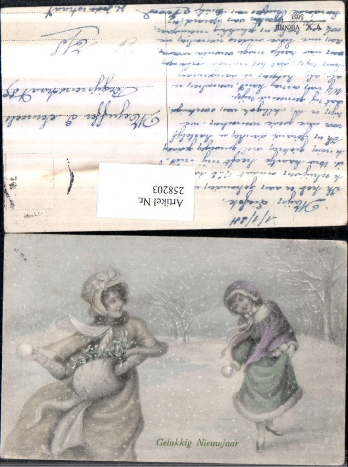 258203,V.K. Vienne 5053 Künstlerkarte Frau m. Mädchen Hauben Muff Schneeballschlacht