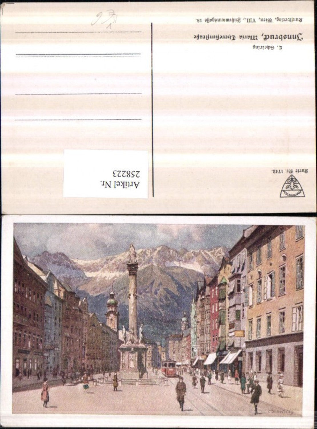 258223,Deutscher Schulverein 1742 Künstler L. Scheiring Innsbruck Maria Theresien-Straße Straßenansicht Annasäule