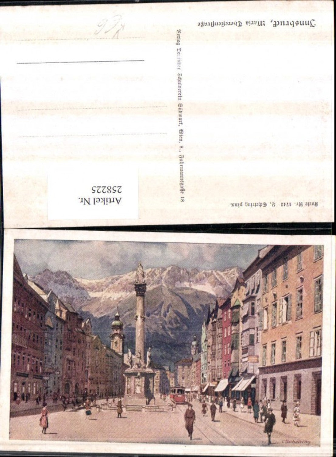 258225,Deutscher Schulverein 1742 Künstler L. Scheiring Innsbruck Maria Theresien-Straße Straßenansicht Annasäule