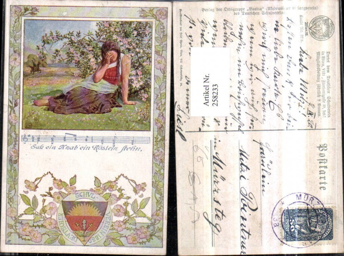258233,Deutscher Schulverein 92a Künstlerkarte Liedkarte Frau Wiese weint Blumenstrauch Passepartout