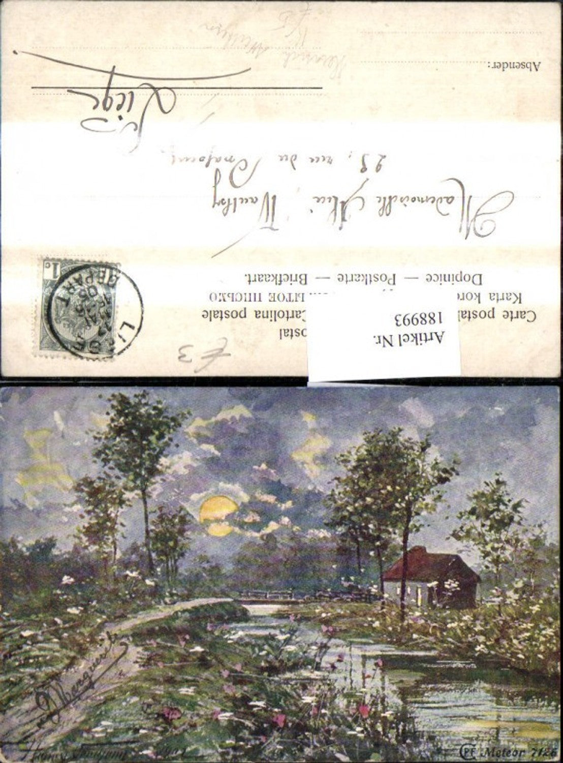188993,Künstler Ak Heinrich Wertheim Haus a. Fluss Brücke Mondschein Landschaft