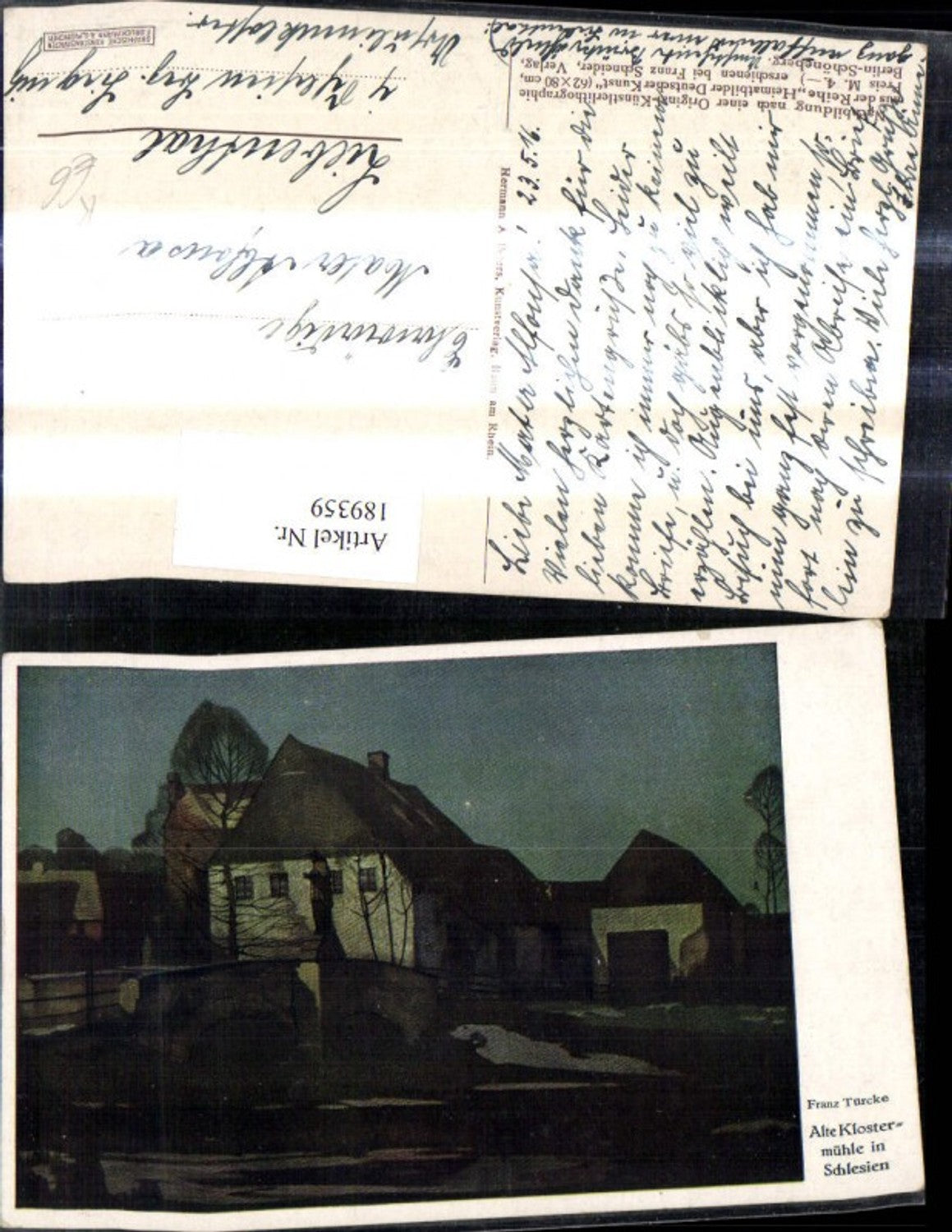 189359,Künstler Ak Franz Türcke Alte Klostermühle i. Schlesien b. Nacht Mühle Brücke Statue