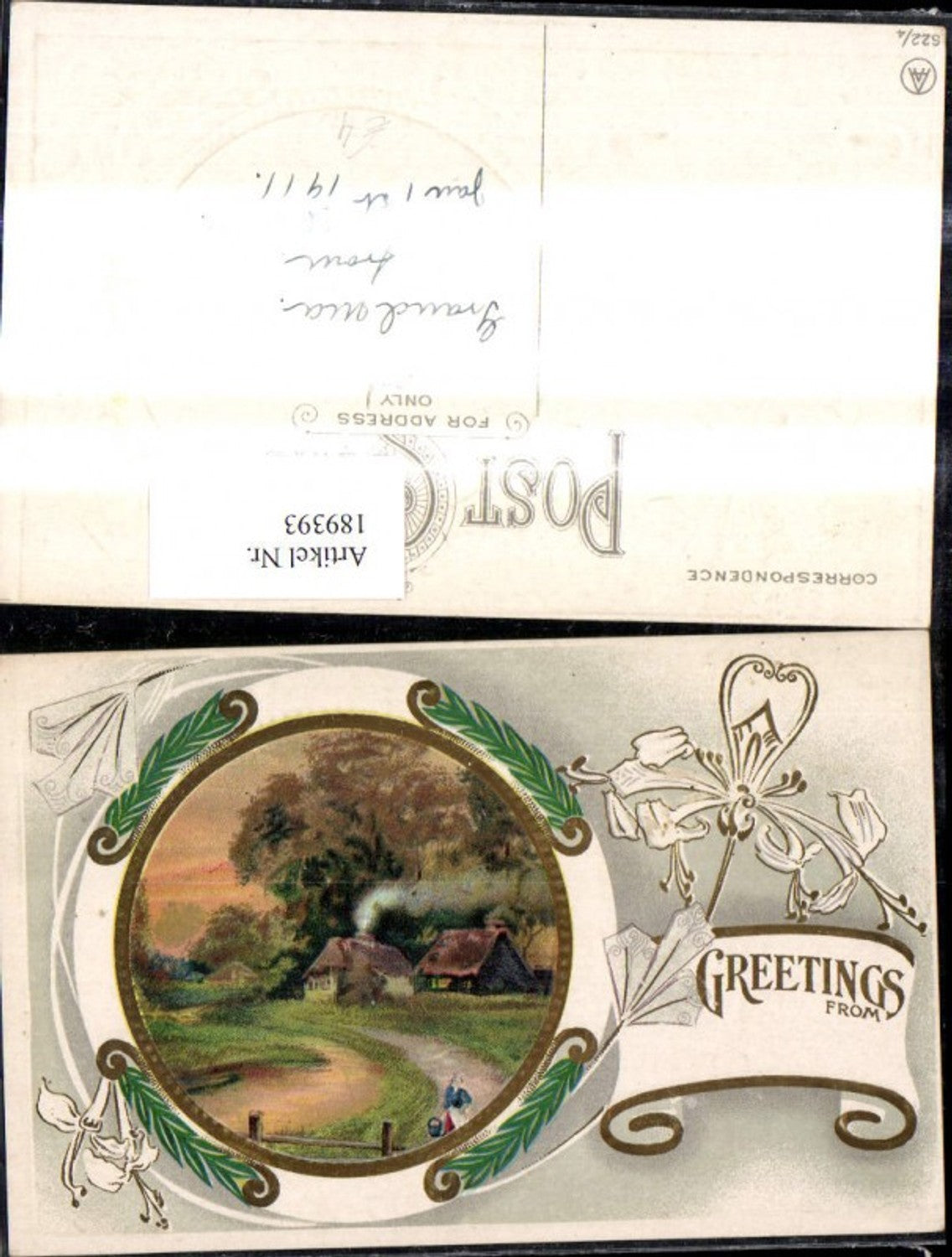 189393, Embosser Lithograph House Woman Path Landscape Passepartout Branches Ornament Greetings from Gold Ornament