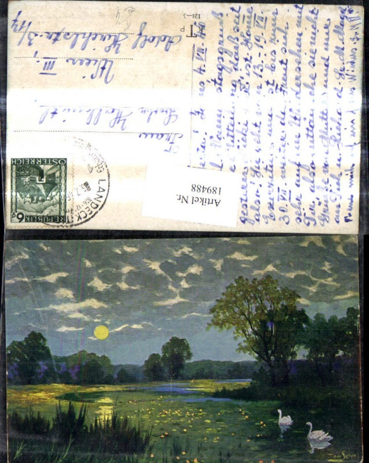 189488,Künstler Ak Jonsen Schwäne Teich Landschaft b. Mondschein Schwan