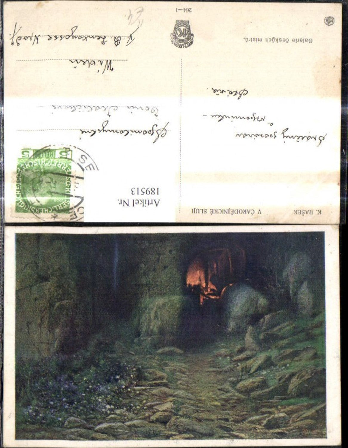 189513,Künstler Ak K. Rasek V Carodejnicke Sluji Mann b. Feuer i. Felsen Höhle