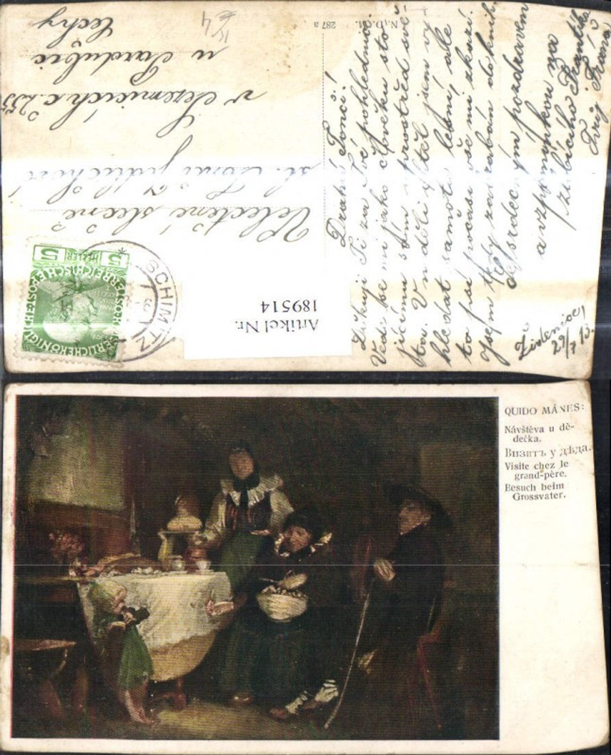 189514,Künstler Ak Quido Manes Besuch b. Grossvater Kind Alter Mann Gehstock Stube Tracht