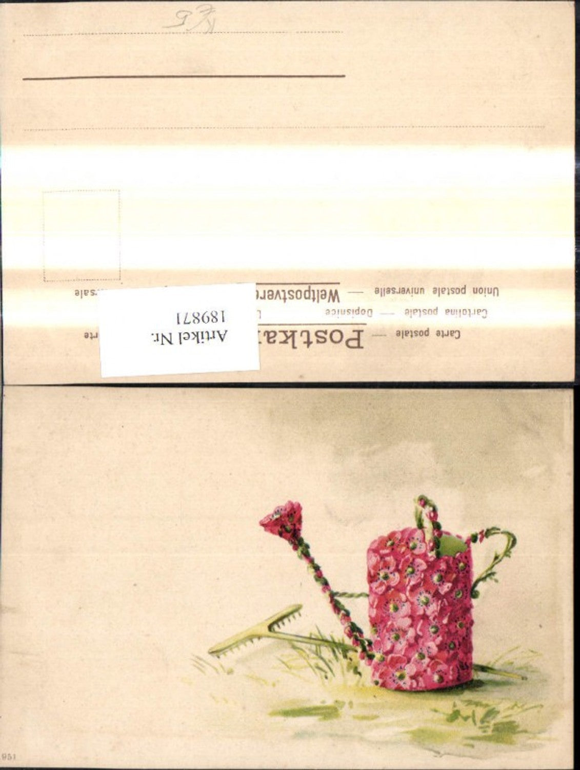189871,Künstler Ak Gießkanne a. Blumen Blüten Rechen