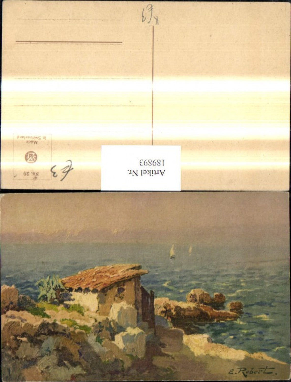 189893,Künstler Ak E. Robert Hütte Haus Küste Meer Segelboote Boote Landschaft