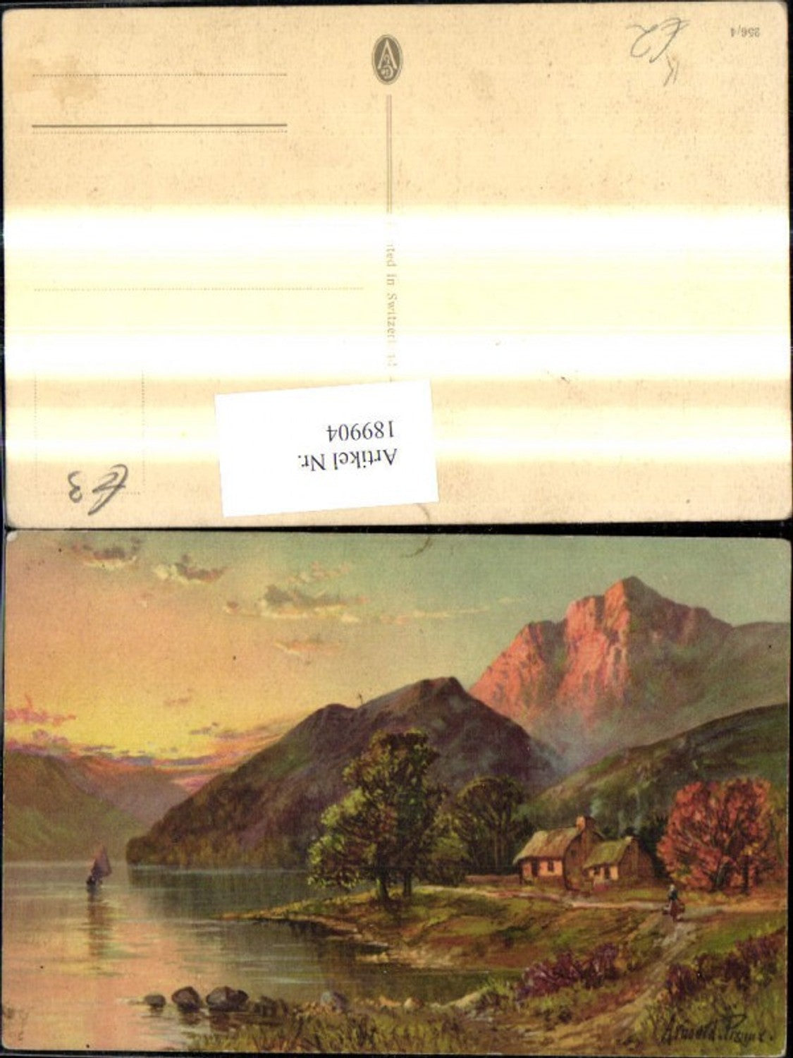 189904,Künstler Ak Haus a. See Berge Segelboot Boot Landschaft