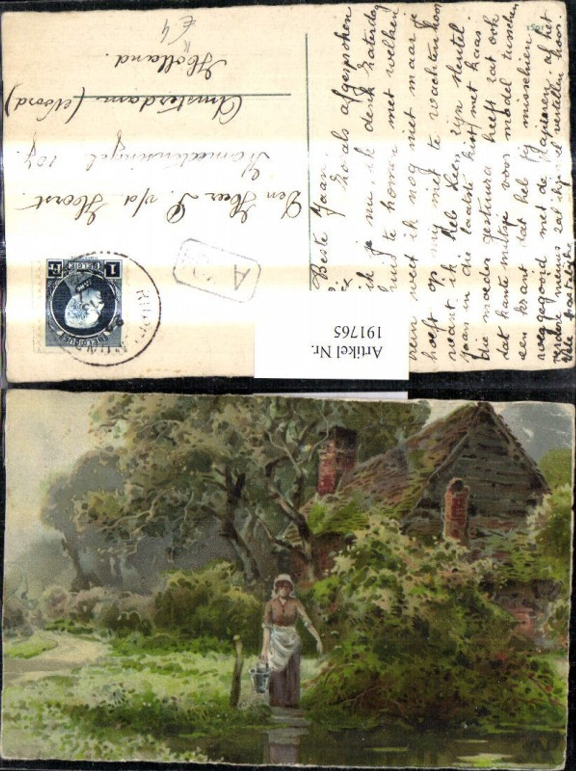 191765,Künstler Ak Frau m. Kübel Eimer Teich Haus Landschaft