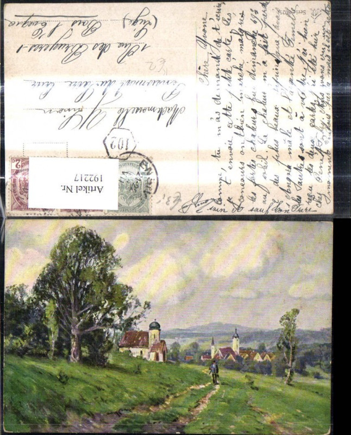 192217,Künstler Ak Mann a. Feldweg Dorf i. Hintergrund Landschaft