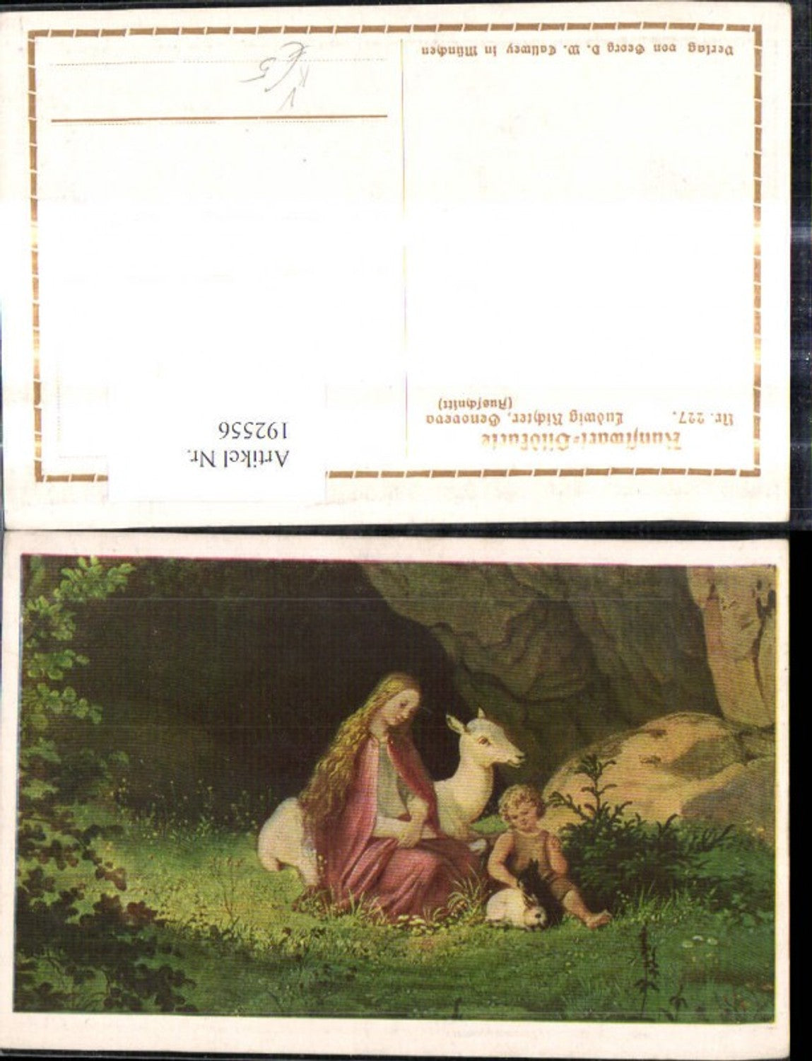 192556,Künstler Ak Ludwig Richter Genoveva Frau m. Kind Hasen Reh Wild v. Höhle pub Georg D. W. Gallwey