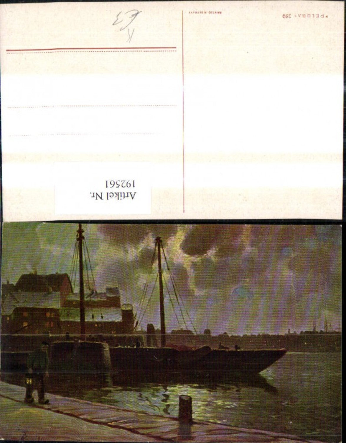 192561,Künstler Ak Mann Laterne b. Nacht Hafen Schiffe