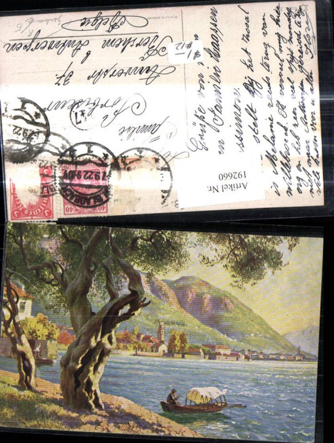 192660,Künstler Ak Mann raucht Pfeife Boot Gardasee Landschaft Baum a. Ufer