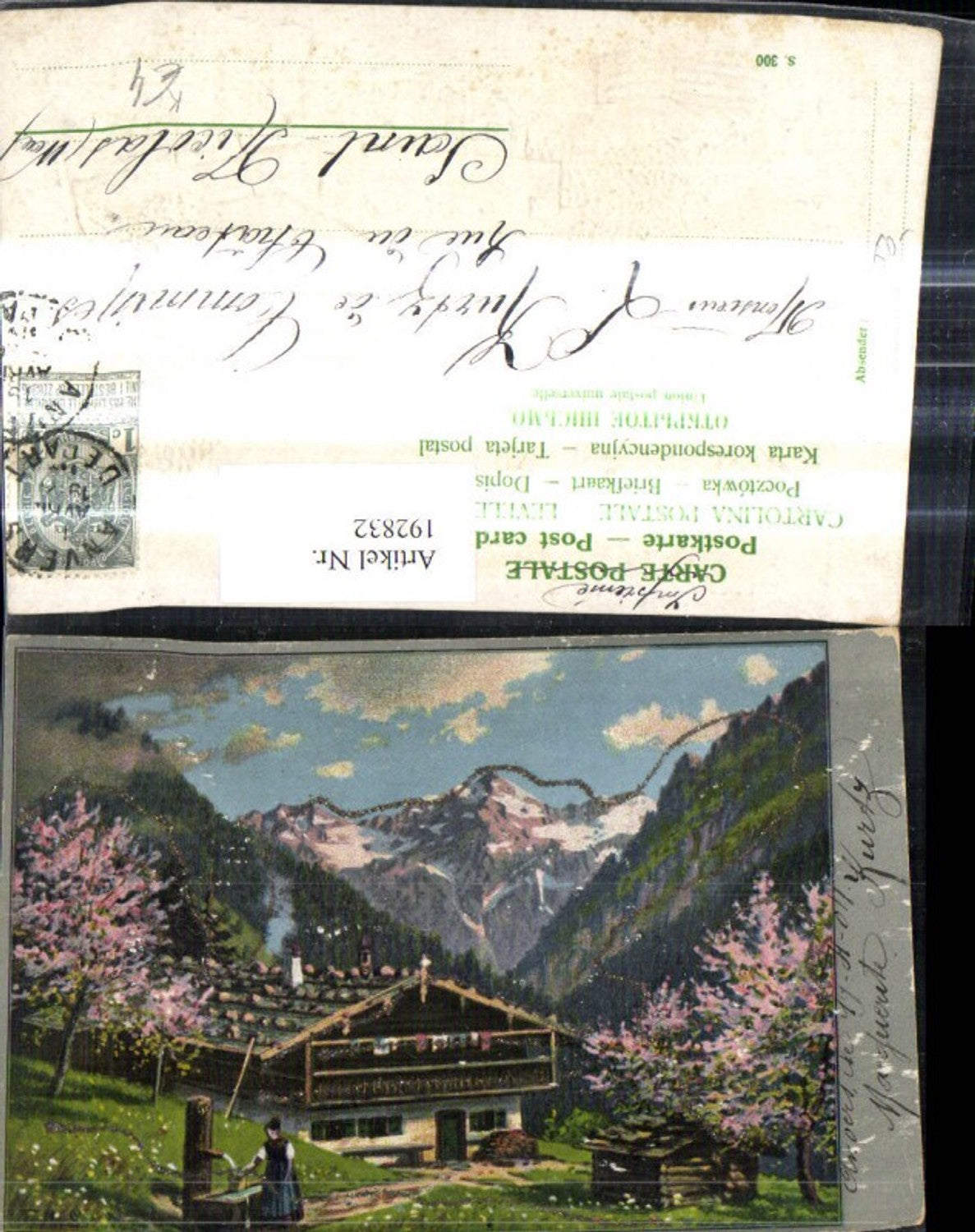 192832,Präge Künstler Ak Frau a. Brunnen Bauernhaus Hof Bergkulisse Glitzerverzierung