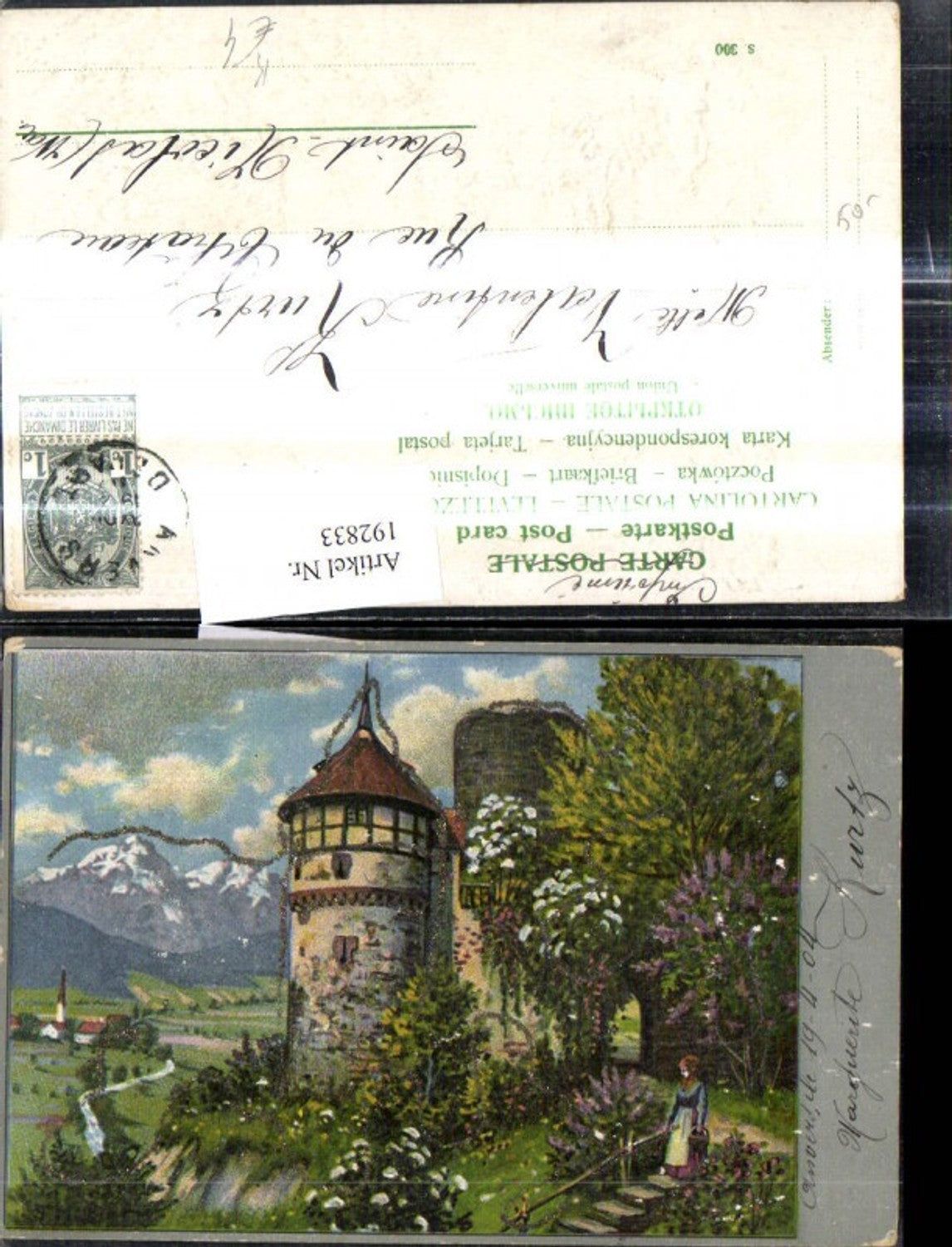 192833,Präge Künstler Ak Frau Burg Festung Landschaft Glitzerverzierung