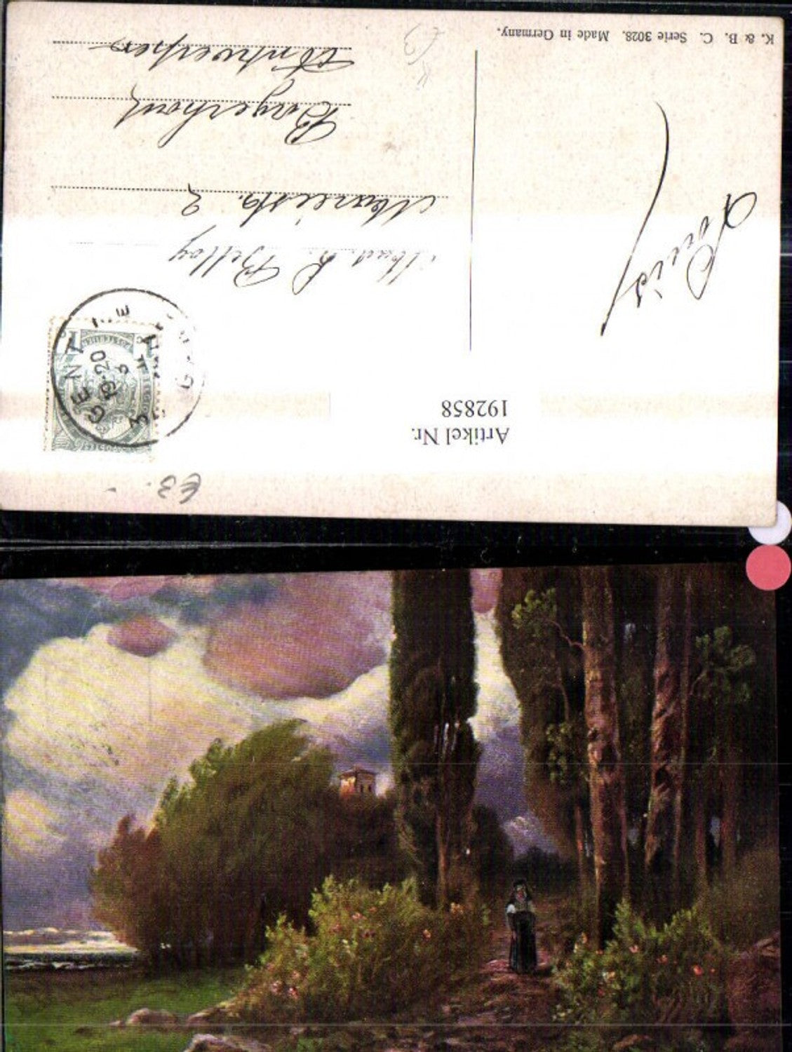 192858,Künstler Ak Nonne a. Weg Bäume Kloster i. Hintergrund Landschaft
