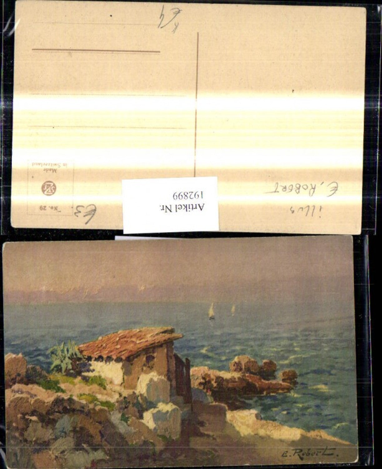 192899, Artist Ak E. Robert Hut House Shore Coast Sailboats Boats Landscape