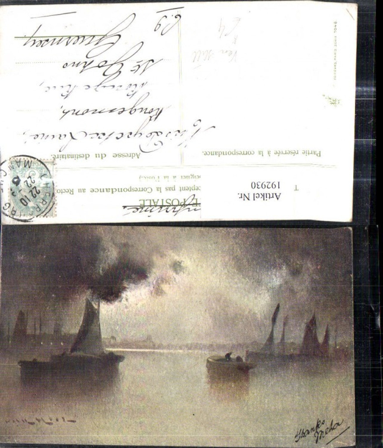 192930,Künstler Ak Van Hill Segelboot Boot Hafen b. Nacht Nebel