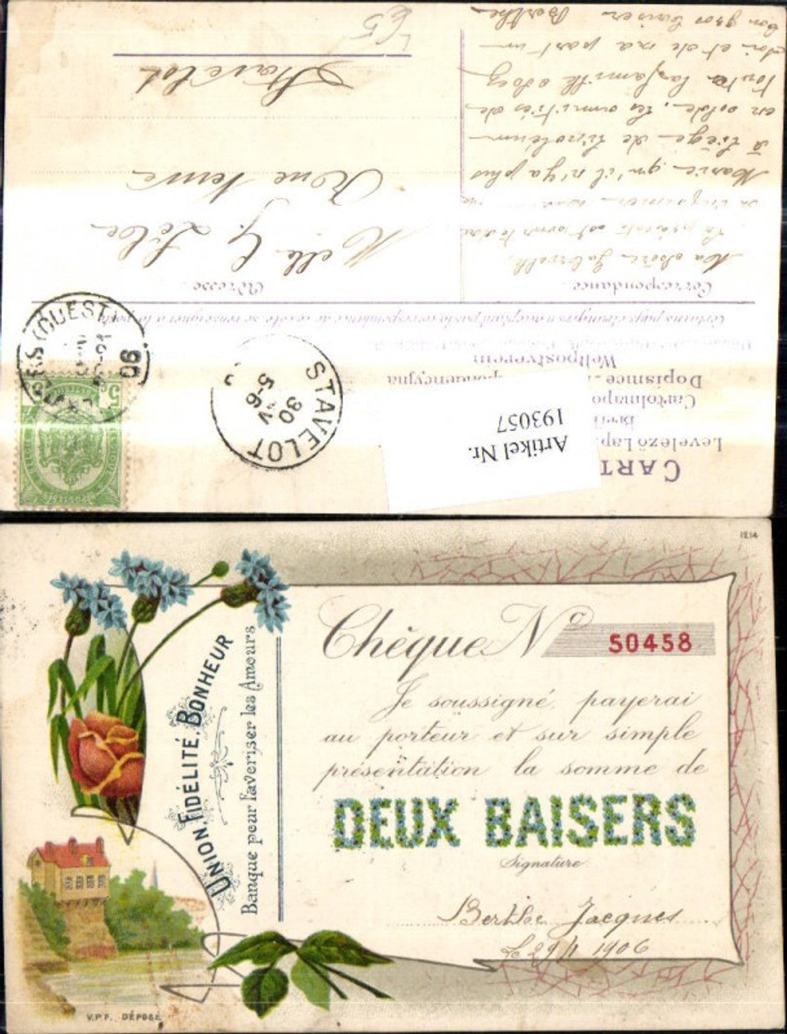 193057,Künstler Litho Deux Baisers Blumen Cheque N 50458 Scheck Blumenschrift