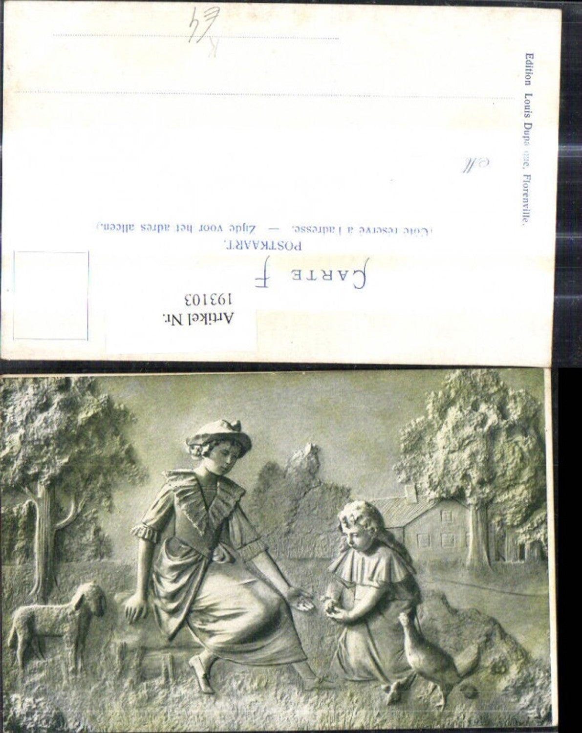 193103,Künstler Ak Relief Frau m. Mädchen Lamm Huhn Küken