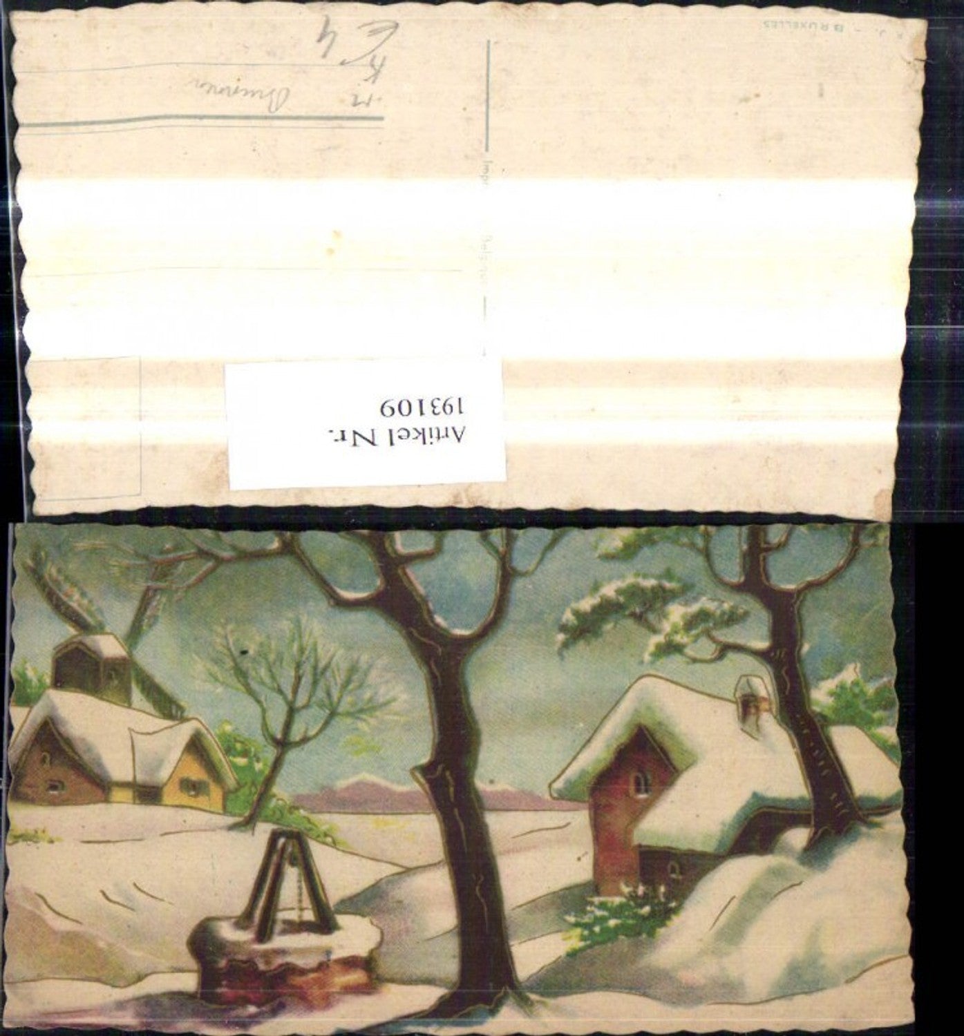 193109,Künstler Ak Brunnen Winterdorf Landschaft Goldverzierung