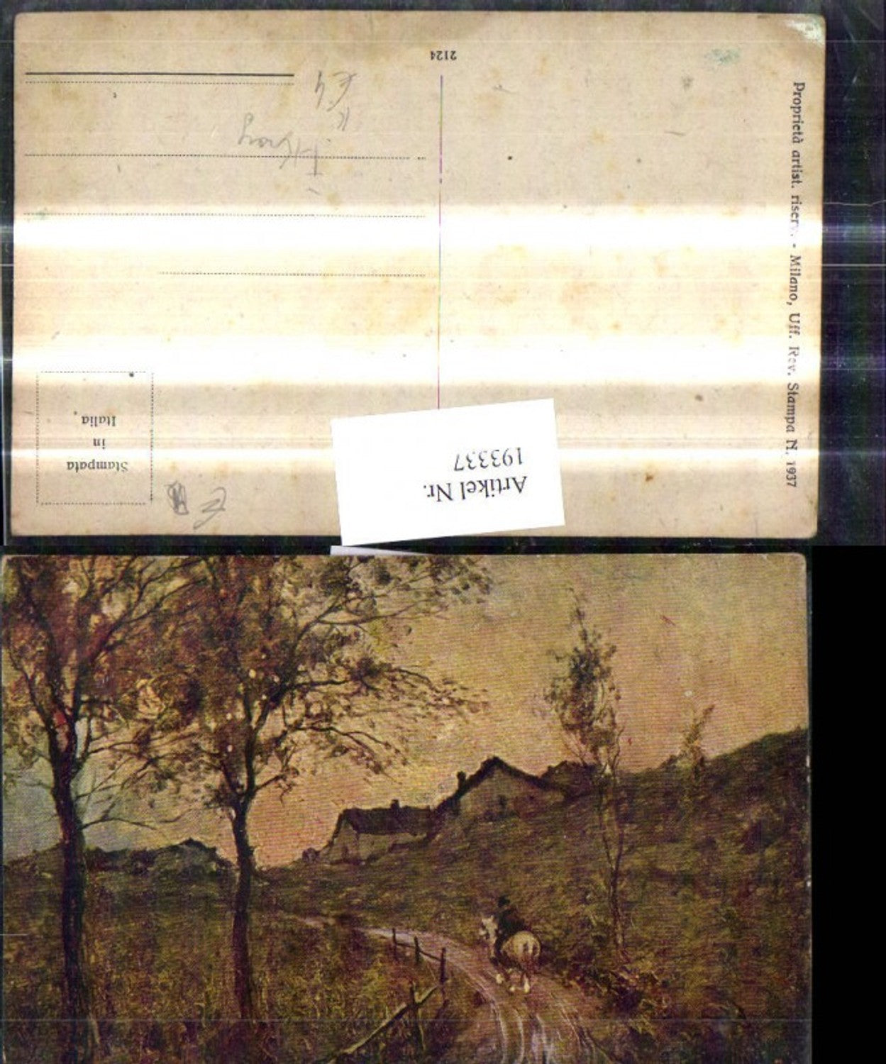 193337,Künstler Ak Mann a. Pferd Reiter Weg Strasse Dorf Landschaft