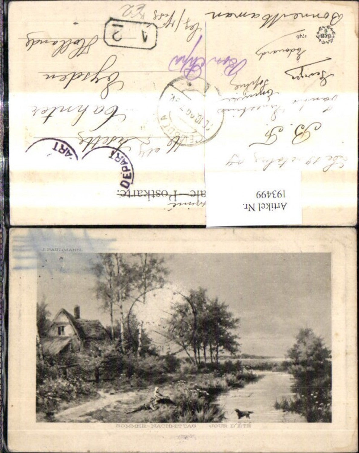 193499,Künstler Ak I. Paulmann Sommer Nachmittag Kinder a. Bach Hund Haus Landschaft Präge Passepartout