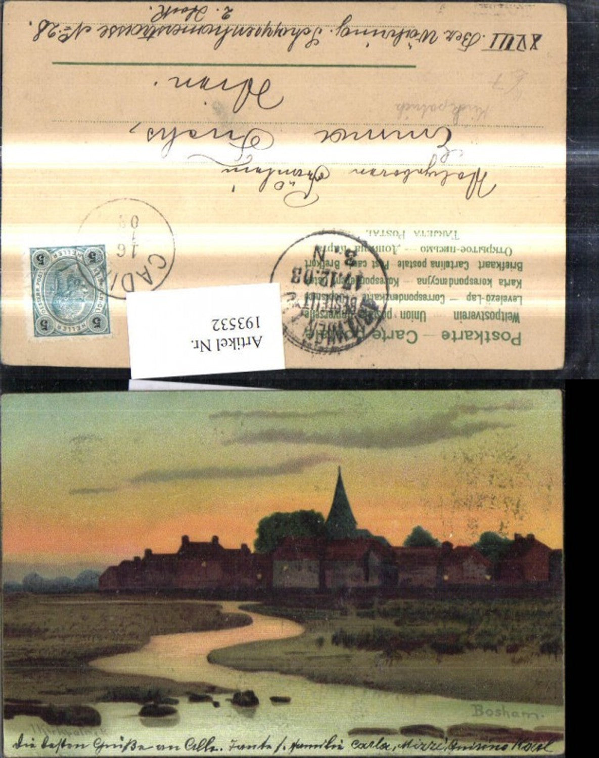 193532,Künstler Ak Bosham Kirkpatrick Kirche Dorf Landschaft Sonnenuntergang