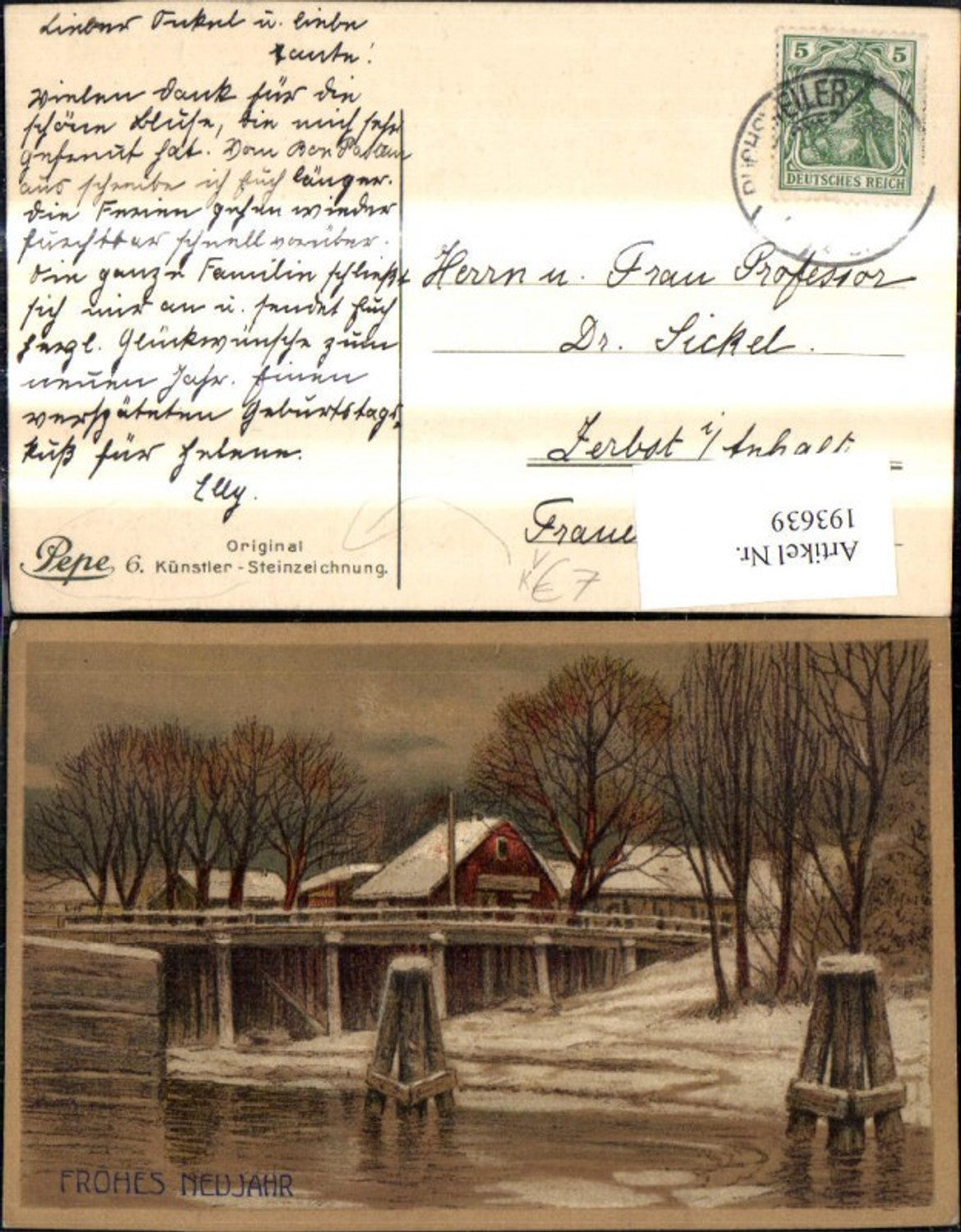 193639,Original Künstler Steinzeichnung Winterdorf Brücke Fluss Winterlandschaft Neujahr pub Pepe