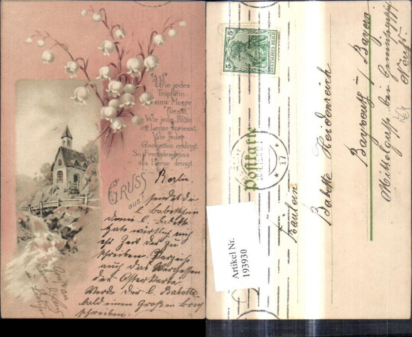 193930,Künstler Litho Kirche Passepartout Maiglöckchen Blumen