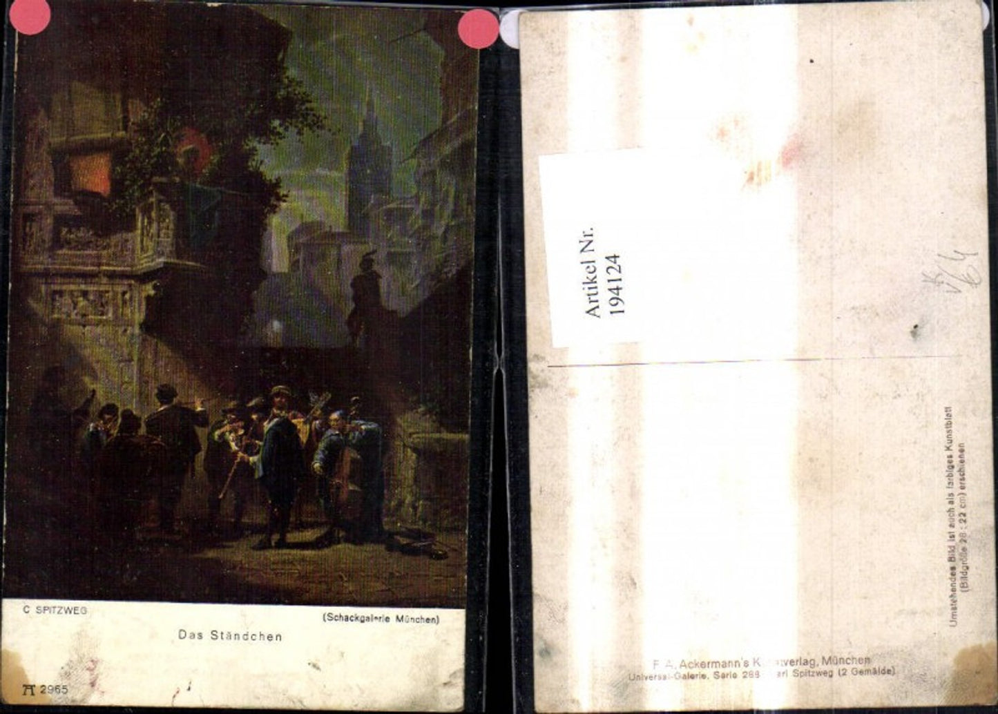 194124,Künstler Ak Carl Spitzweg Das Ständchen Musikanten Mandoline Flöte Frau Balkon pub F. A. Ackermann 288/2