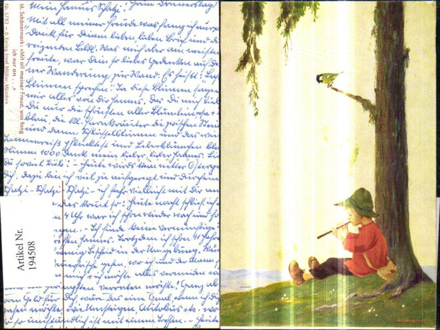 194508, Artist Ak M. Schönermark With all my joy what should I do boy boy flute music bird