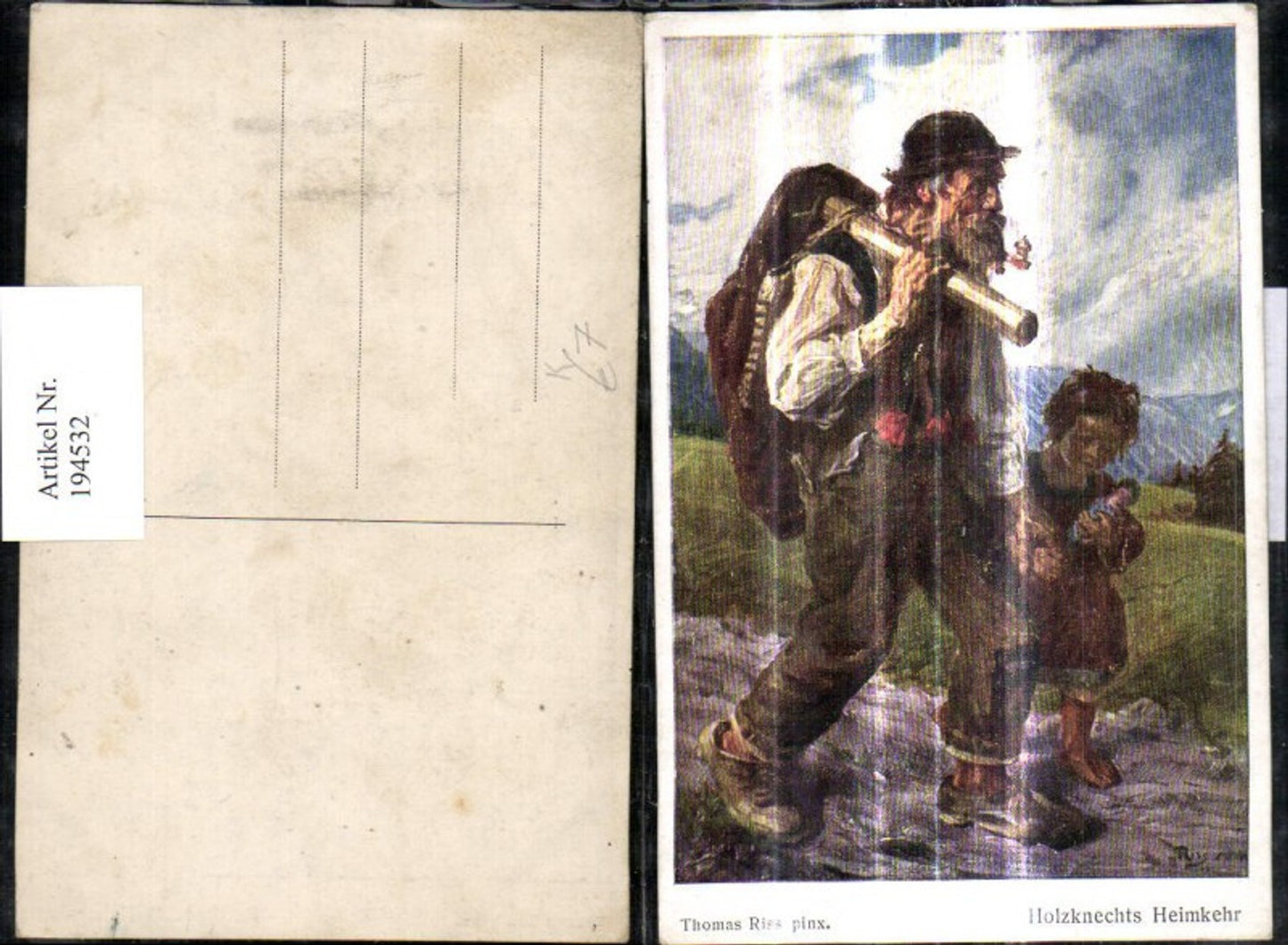 194532,Künstler Ak Thomas Riss Holzknechts Heimkehr Alter Mann Wanderer m. Mädchen Puppe