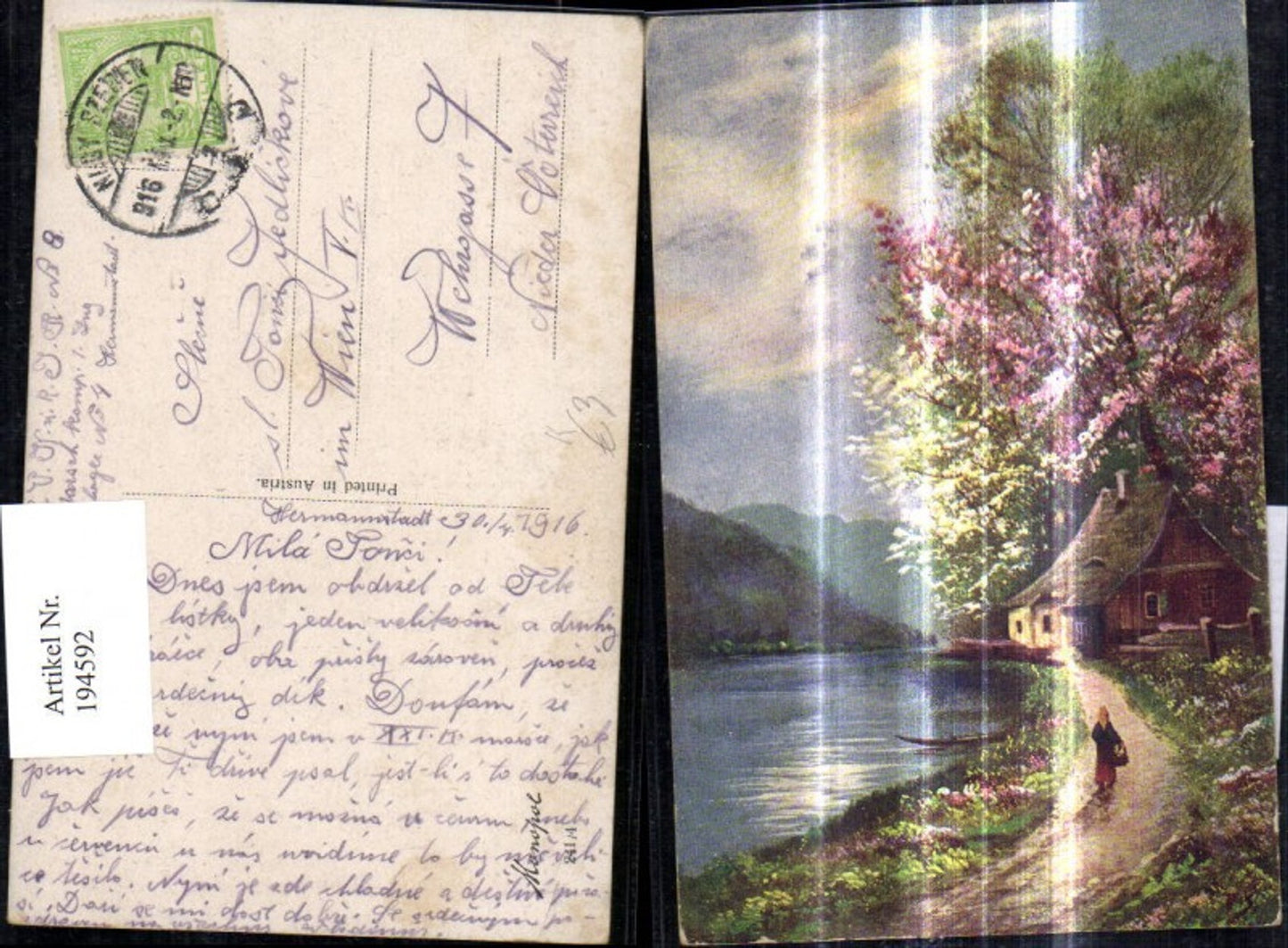 194592,Künstler Ak Alte Frau a. Weg Ufer See Landschaft