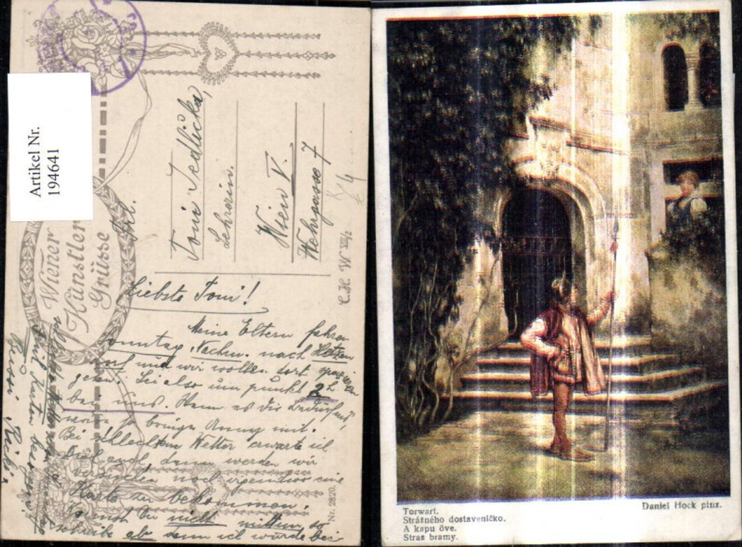 194641,Künstler Ak Daniel Hock Torwart Wächter Mann Speer v. Haus Gebäude