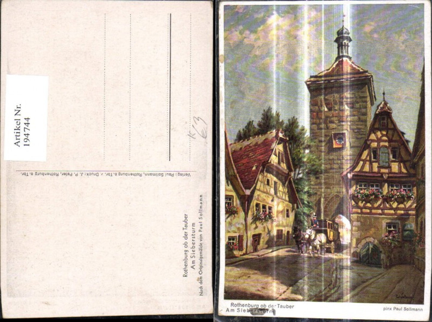 194744,Künstler Ak Paul Sollmann Rothenburg ob der Tauber Am Siebersturm Kutsche Postkutsche