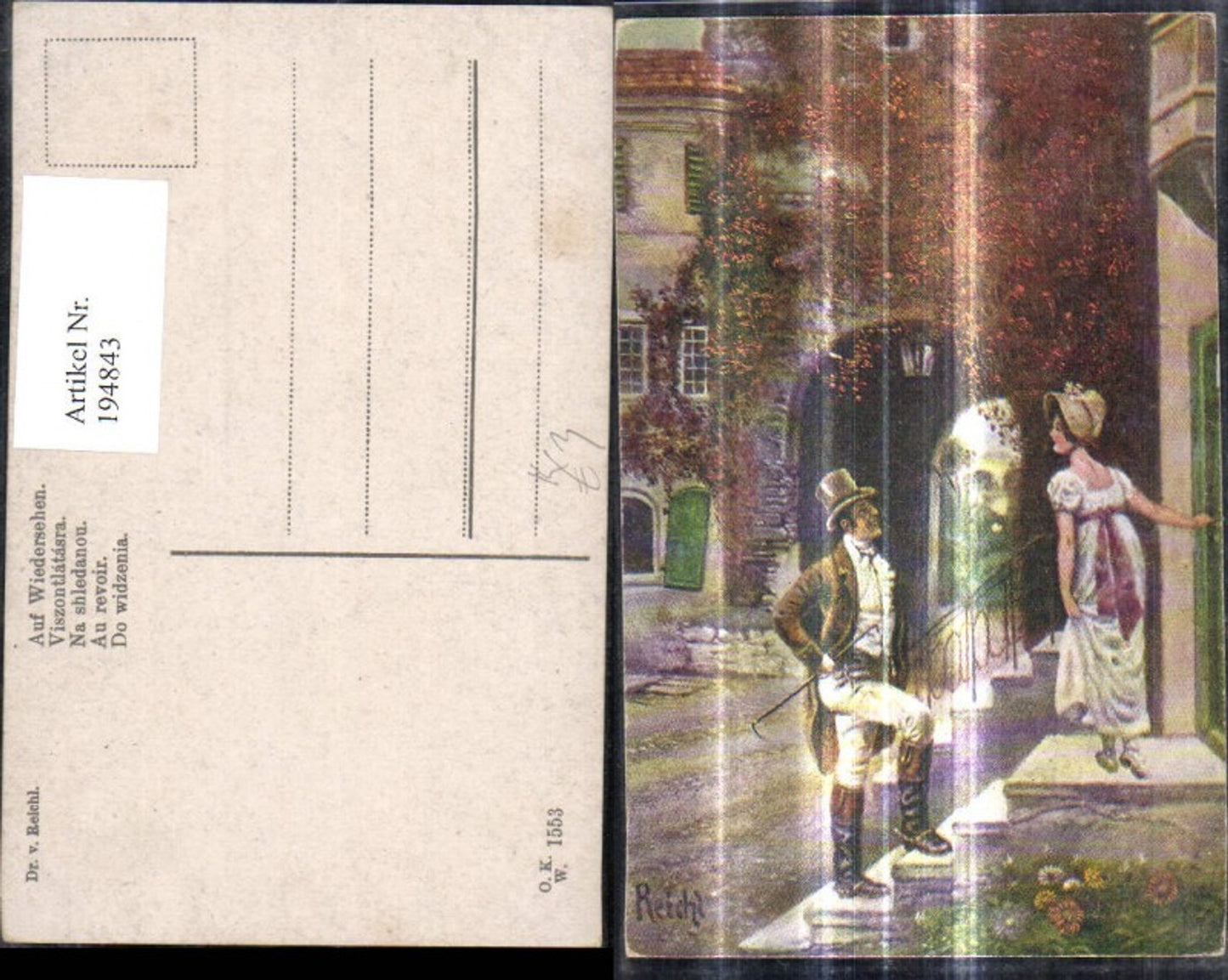 194843,Künstler Ak Dr. v. Reichl Auf Wiedersehen Paar Abschied Treppe Stufen v. Haus