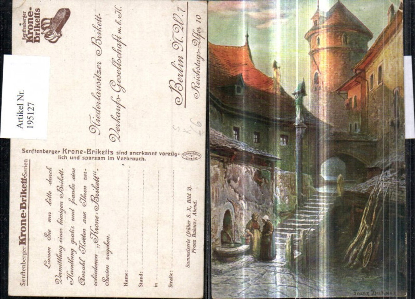 195127, Artist Ak Franz Bukacz Evening Women Court City Fortress Fountain Stamp Senftenberg Crown Briquette