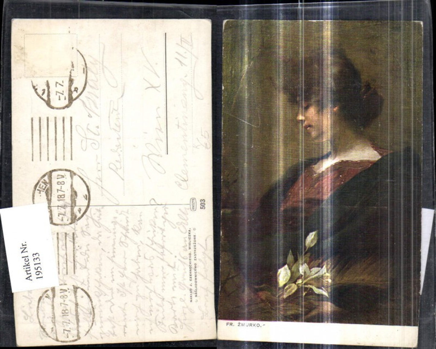 195133,Künstler Ak Fr. Zmurko Frau Stola Portrait Blumen